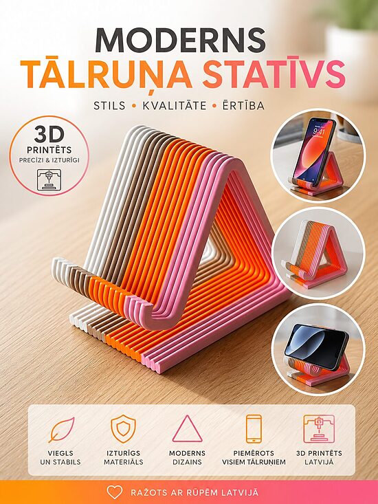 “3D printēts telefona turētājs – moderns galda statīvs”